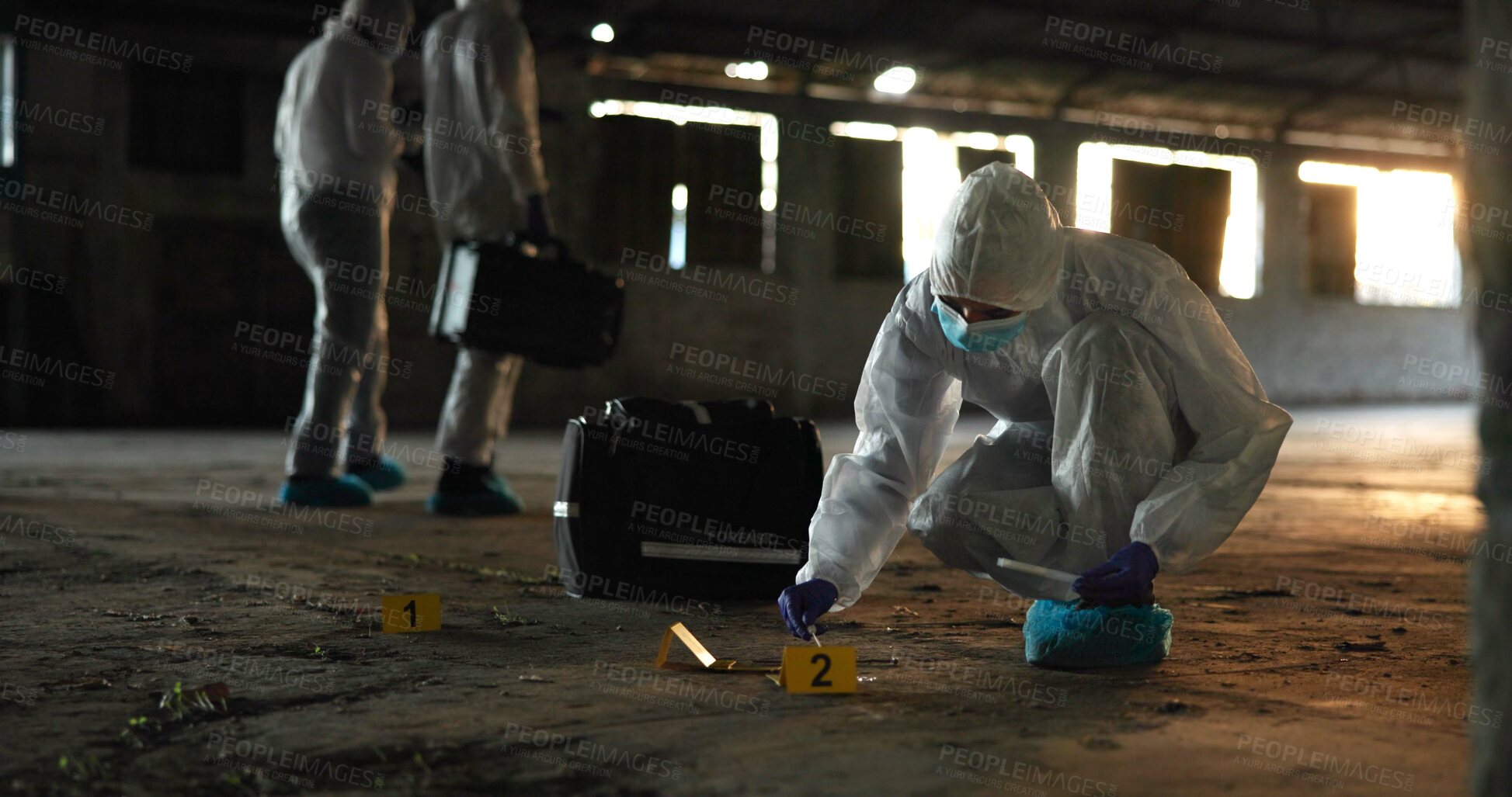 Buy stock photo Crime, people and forensics at scene with swab, evidence and DNA sample with clue in abandoned warehouse. CSI team, hazmat suit or investigation in building for legal service, inspection or pathology