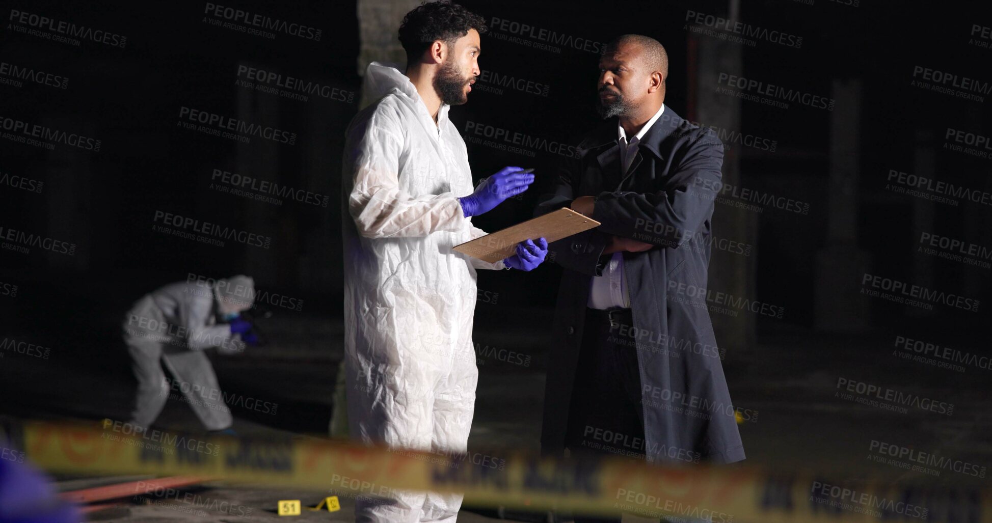 Buy stock photo Forensics team, men and discussion at crime scene for investigation with clipboard, report or evidence at night. Investigators, detective and police outdoor for murder case, talk or clues for mystery