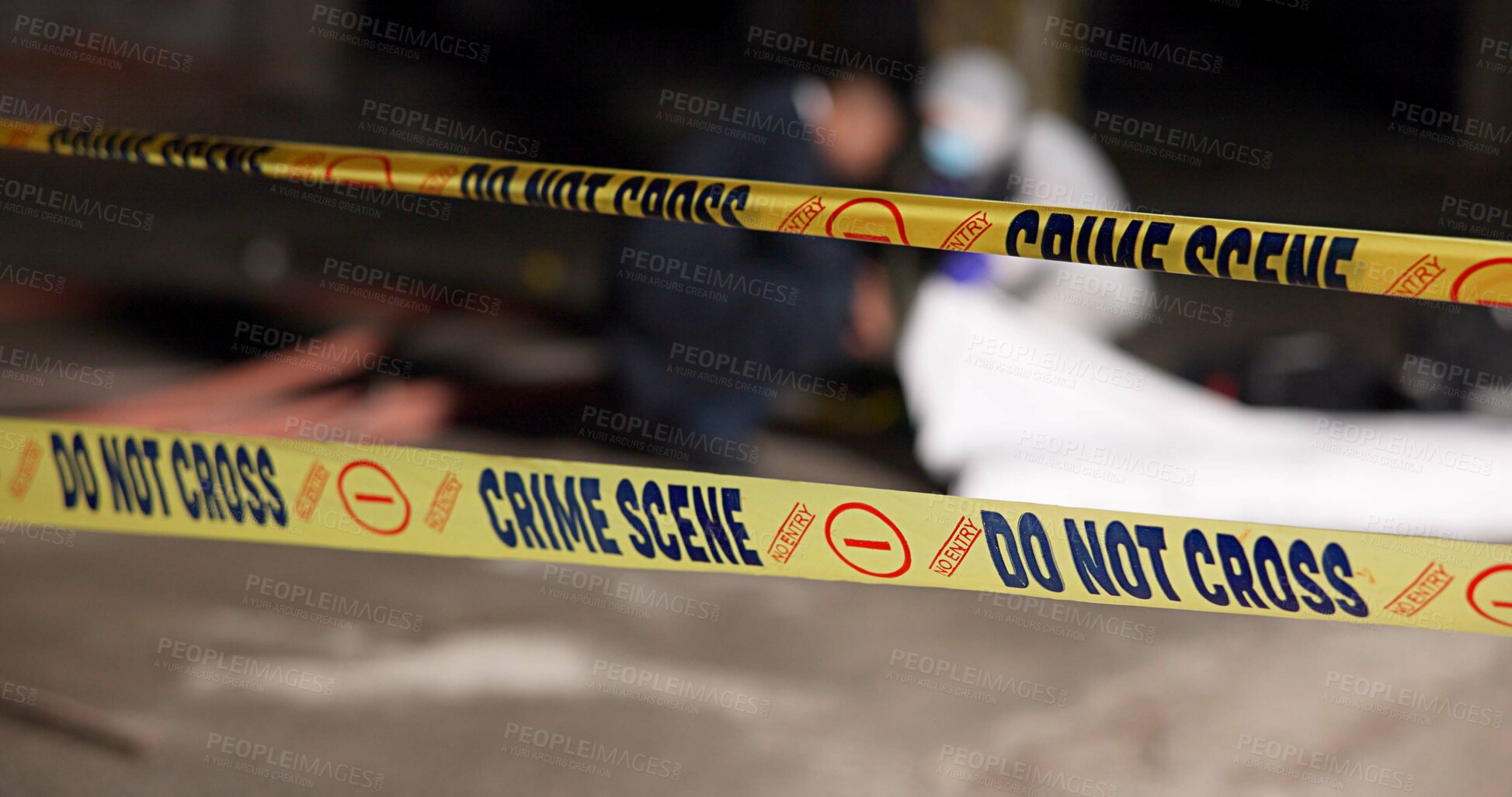 Buy stock photo Crime scene, police tape and murder in building for investigation with safety warning, danger and evidence. CSI inspection, closeup sign and do not cross in abandoned garage for emergency or accident