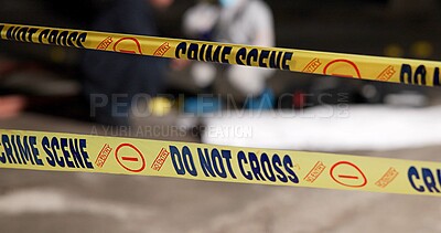 Buy stock photo Crime scene, police tape and accident in building for investigation with safety warning, danger and evidence. CSI inspection, closeup sign and do not cross in abandoned garage for emergency or murder