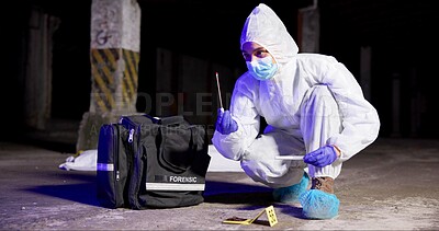 Buy stock photo Woman, swab and forensics investigation at crime scene, blood sample and discovery of dna marker. Female person, homicide evidence and hazmat suit for safety, night and search for clues in case