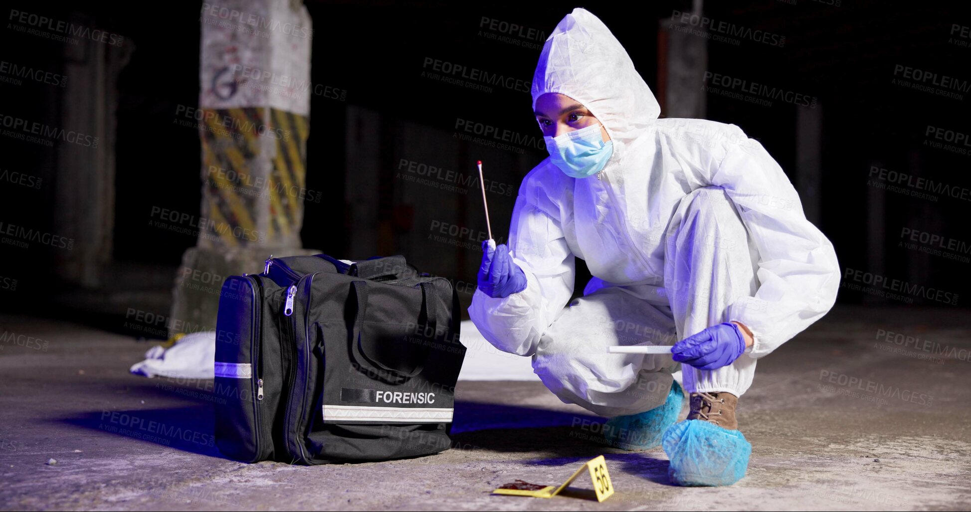 Buy stock photo Woman, swab and forensics investigation at crime scene, blood sample and discovery of dna marker. Female person, homicide evidence and hazmat suit for safety, night and search for clues in case