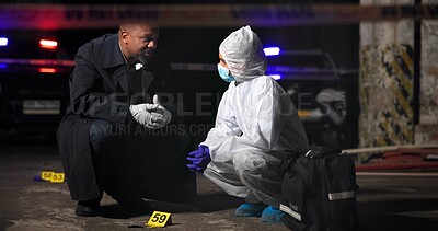 Buy stock photo Men, detective and talking at crime scene for forensic assessment for lead, info and team in city. People, police officer and ppe for safety with inspection, insight and search for evidence at night