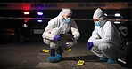 Forensics team, outdoor and crime scene investigation with clipboard, report or evidence collection at night. Investigators, police and people in city for murder case, discussion or mystery clues