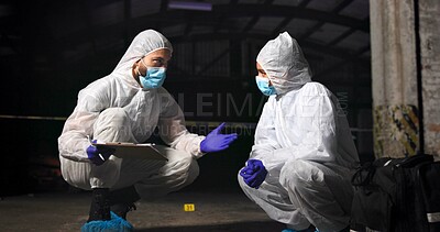 Buy stock photo Forensics team, discussion and crime scene investigation with clipboard, report analysis or collect evidence at night. Investigators, police or people in city for murder case or mystery clues outdoor