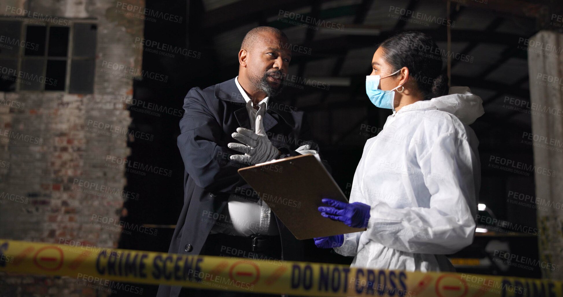 Buy stock photo People, detective and investigation at crime scene for forensic assessment, lead or info in city. Mature man, woman and police officer with ppe for inspection, insight or search for evidence at night