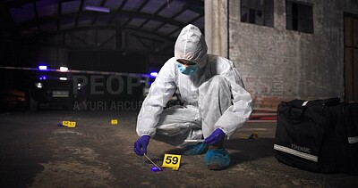 Buy stock photo Person, swab and law investigation at crime scene, blood sample and discovery of dna marker. Professional, homicide evidence and hazmat suit for safety, night and search for clues with forensics