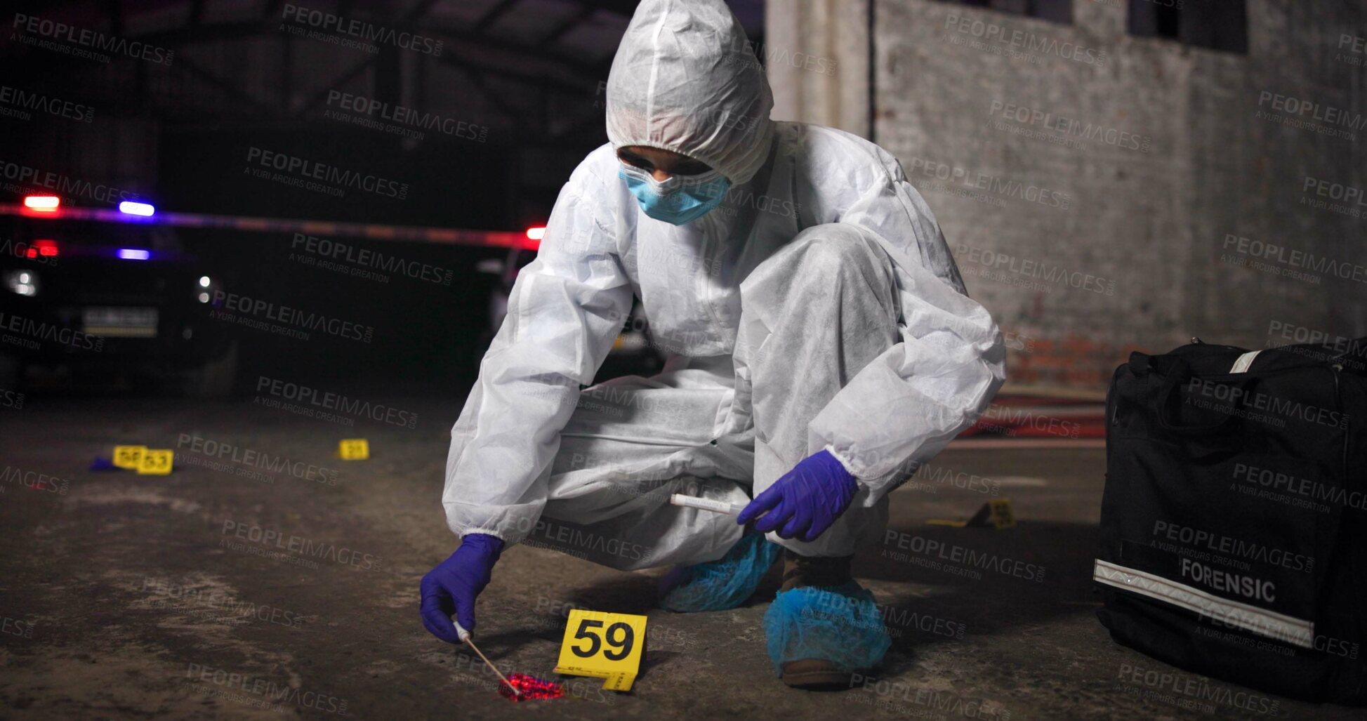 Buy stock photo Woman, swab and homicide investigation at crime scene, blood sample and discovery of dna marker. Female person, evidence collection and hazmat suit for safety, night and search for clues in case