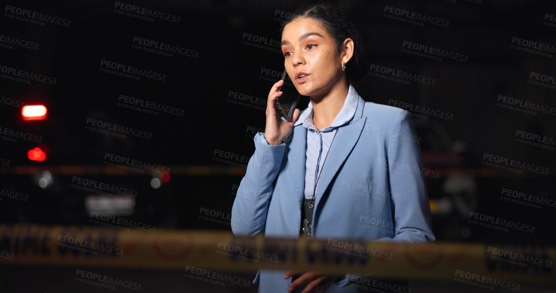 Buy stock photo Police, woman and talking with phone call for crime, report or criminal investigation with feedback. Detective, employee and night with mobile conversation for legal justice, inspection and backup