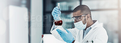 Buy stock photo Man, science and flask with blood sample in laboratory for study, pharma or results for mpox vaccine development. Person, liquid and glass tube for review, medicine and drugs with medical research