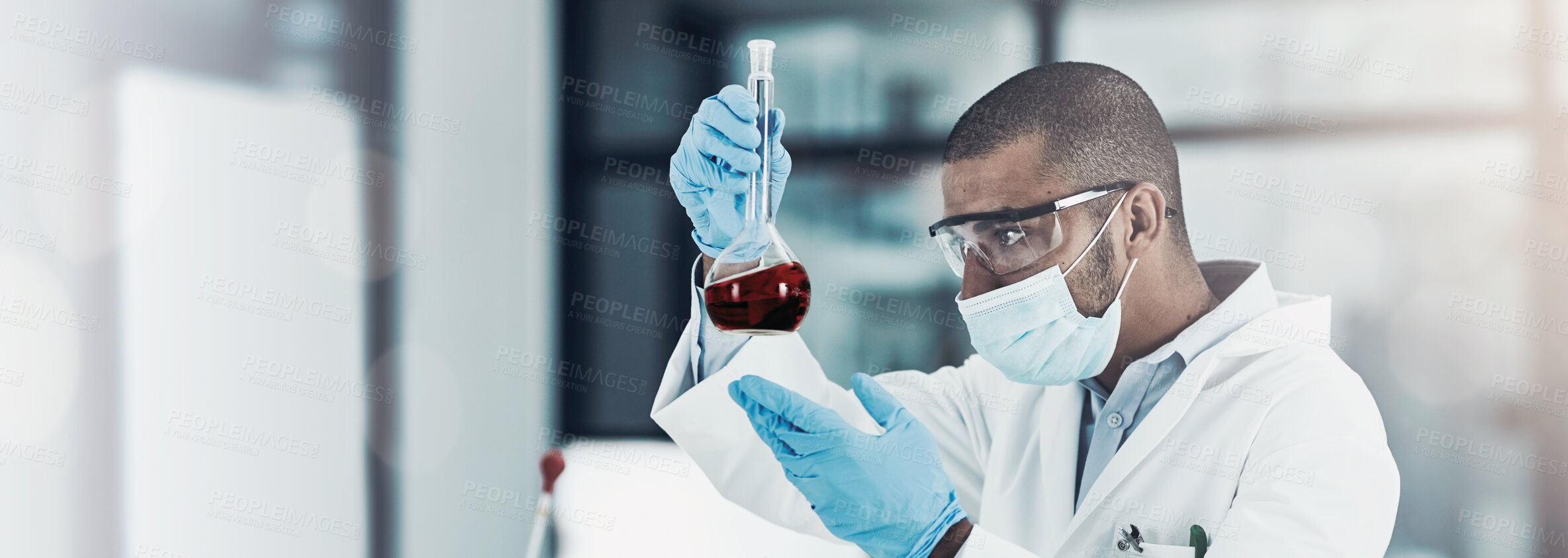 Buy stock photo Man, science and flask with blood sample in laboratory for study, pharma or results for mpox vaccine development. Person, liquid and glass tube for review, medicine and drugs with medical research