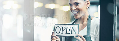 Buy stock photo Happy woman, restaurant and window with open sign for welcome or ready for service at coffee shop. Young, female person or waiter with smile, billboard or entrance label for door at indoor cafe