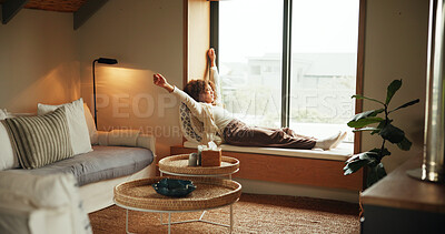 Buy stock photo African woman, stretching and relax for comfort, peace and fatigue on weekend with window, and calm. Female person, glass and chilling in home for lazy day, tired and cozy in apartment with break