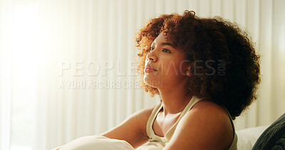 Buy stock photo African woman, thinking and relax on bed for comfort, peace and planning on weekend with leisure and calm. Female person, idea and chill in home for lazy day, break and cozy in apartment with vision