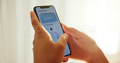 Buy stock photo Phone screen, ui and hands of person in bedroom for sleeping schedule, wellness app and circadian rhythm tracking. Health monitor, online and calendar with closeup of ux on mobile at home