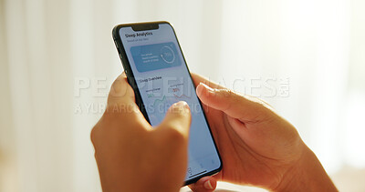 Buy stock photo Phone screen, app and hands of person in bedroom for sleeping schedule, wellness data and circadian rhythm tracking. Health monitor, online and calendar with closeup of ux on mobile at home.