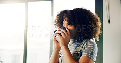 Buy stock photo Drinking, morning and coffee with woman in kitchen of apartment for wake up, caffeine fix and energy. Aroma, breakfast and latte mug with person and tea cup at home for relax, peace and calm