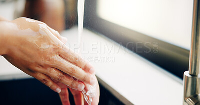 Buy stock photo Water, washing hands and health with person in kitchen for safety, cleaning and disinfection. Hygiene, germs and bacteria prevention with closeup of tap in home for liquid, sanitary and protection