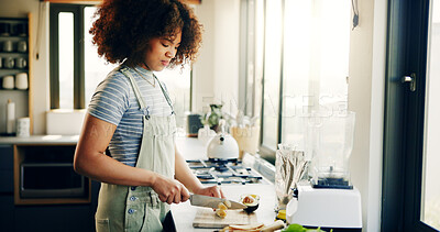 Buy stock photo Woman, cutting and fruit with blender in kitchen with organic ingredients, prepare smoothie and nutrition drink. Girl, vegetables and machine for healthy beverage, diet breakfast and protein at house