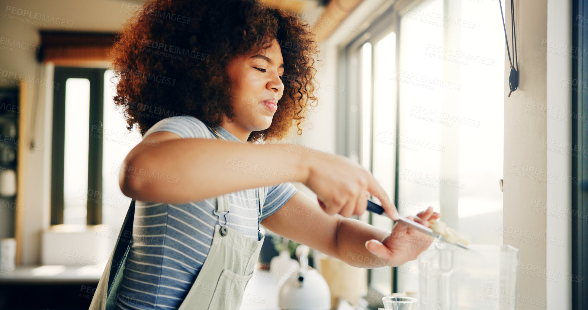 Buy stock photo Woman, banana and fruit with blender in kitchen with organic ingredients, prepare smoothie and nutrition drink. Girl, vegetables and machine for healthy beverage, diet breakfast and protein at house