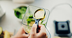 Hands, person and powder with blender in kitchen with organic ingredients, prepare smoothie and nutrition drink. Girl, vegetables and machine for healthy beverage, diet breakfast and protein at house