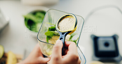 Buy stock photo Hands, person and powder with blender in kitchen with organic ingredients, prepare smoothie and nutrition drink. Girl, vegetables and machine for healthy beverage, diet breakfast and protein at house