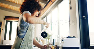 Buy stock photo Woman, healthy and drink of blender in kitchen for organic ingredients, prepare smoothie and nutrition. Girl, vegetables and machine of weight loss beverage, diet breakfast and vegan protein at house