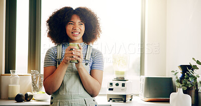 Buy stock photo Home, drinking and woman with green juice in kitchen, wellness and protein supplement. Organic smoothie, African person and girl with diet, nutrition or vitamins with minerals and morning routine