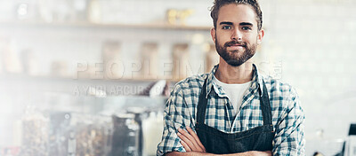 Buy stock photo Waiter, man and portrait with arms crossed in cafe for customer service, welcome and hospitality. Small business manager, barista and happy in coffee shop startup for assistance, help and reception