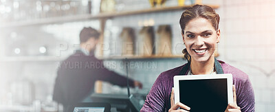 Buy stock photo Portrait of a young woman showing a blank screen on a digital tablet in her store