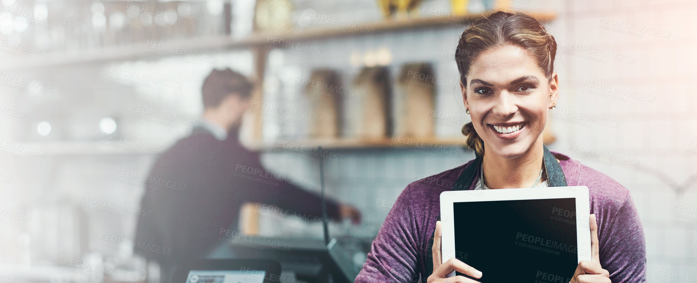 Buy stock photo Portrait of a young woman showing a blank screen on a digital tablet in her store