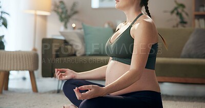 Buy stock photo Calm, meditation and woman with pregnancy on yoga mat at home with health and wellness. Morning, mindfulness and maternal balance in lotus pose for pregnant mama and muscle care to relax on floor