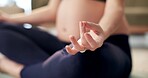 Hands, meditation and woman with pregnancy on yoga mat at home with health and wellness. Morning, mindfulness and maternal balance in lotus pose for pregnant mama and muscle care to relax on ground