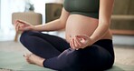Hands, meditation and woman with pregnancy yoga at home with health and wellness. Morning, mindfulness and maternal balance in lotus pose for pregnant mama and muscle care to relax on gym mat