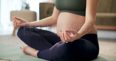 Buy stock photo Hands, meditation and woman with pregnancy yoga at home with health and wellness. Morning, mindfulness and maternal balance in lotus pose for pregnant mama and muscle care to relax on gym mat