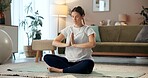 Pregnant woman, meditation and yoga mat on floor in home for peace, balance and zen for wellness in lounge. Person, mother and mindfulness with pregnancy, breathing or namaste in living room at house