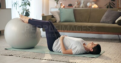 Buy stock photo Pregnant woman, stretching and yoga ball for fitness, floor exercise and balance support or body flexibility at home. Expecting mother, pregnancy and pilates for peace, wellness and muscle relax