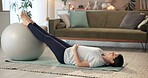 Pregnant woman, stretching and yoga ball for flexibility, floor exercise and balance support or body fitness at home. Expecting mother, pregnancy and pilates for peace, wellness and muscle relax