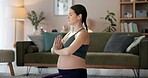 Meditation, prayer hands and zen with pregnant woman in living room for yoga, fitness and holistic wellness. Calm, pregnancy health and pilates with profile of person at home for relax and prenatal