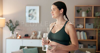 Buy stock photo Pregnant woman, exercise and water bottle in home with thinking, rest or reflection in living room. Person, mother and hydration with drink, liquid or benefits with inspiration in lounge at apartment