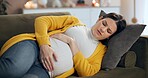 Pregnant, woman or stress on sofa with pain, cramping or hold stomach for relief in home. Future mom, rest or discomfort in living room for contractions, bloating or prenatal care with worry for baby