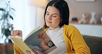 Pregnant woman, book and reading on couch in home with thinking, smile and relax in living room. Person, mother and literature with story, happy and prenatal growth for belly in lounge at apartment