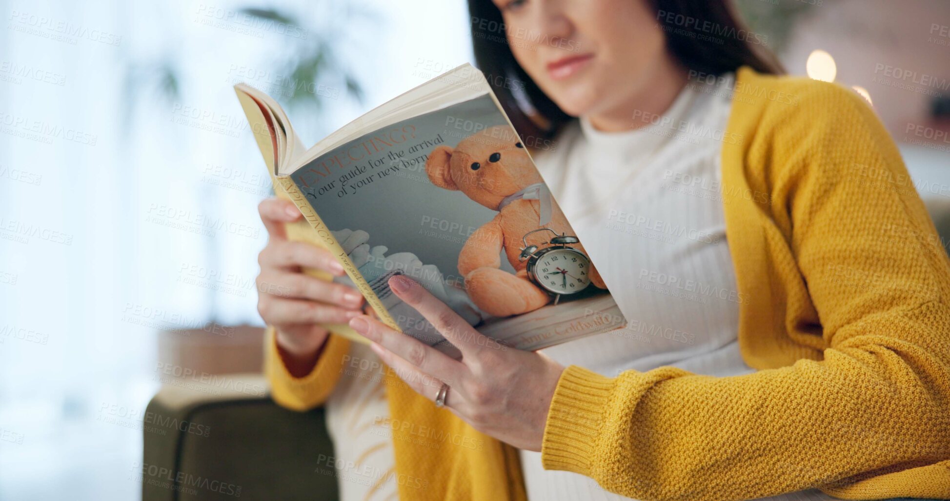 Buy stock photo Pregnant woman, book and reading on sofa for knowledge, parent information and wellness. Future mother, home and literature for pregnancy education, fetal development and advice for newborn care