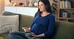 Home, pregnant woman and relax with fruits for eating, nutrition and wellness for baby development. Sofa, female person and hungry with healthy salad for pregnancy, craving and yogurt snack for diet