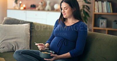 Buy stock photo Home, pregnant woman and relax with fruits for eating, nutrition and wellness for baby development. Sofa, female person and hungry with healthy salad for pregnancy, craving and yogurt snack for diet