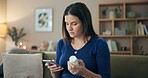 Pregnant woman, phone and research with medication for safe pregnancy, online advice or side effects at home. Female person, pills and maternity with mobile smartphone for medical help or symptoms