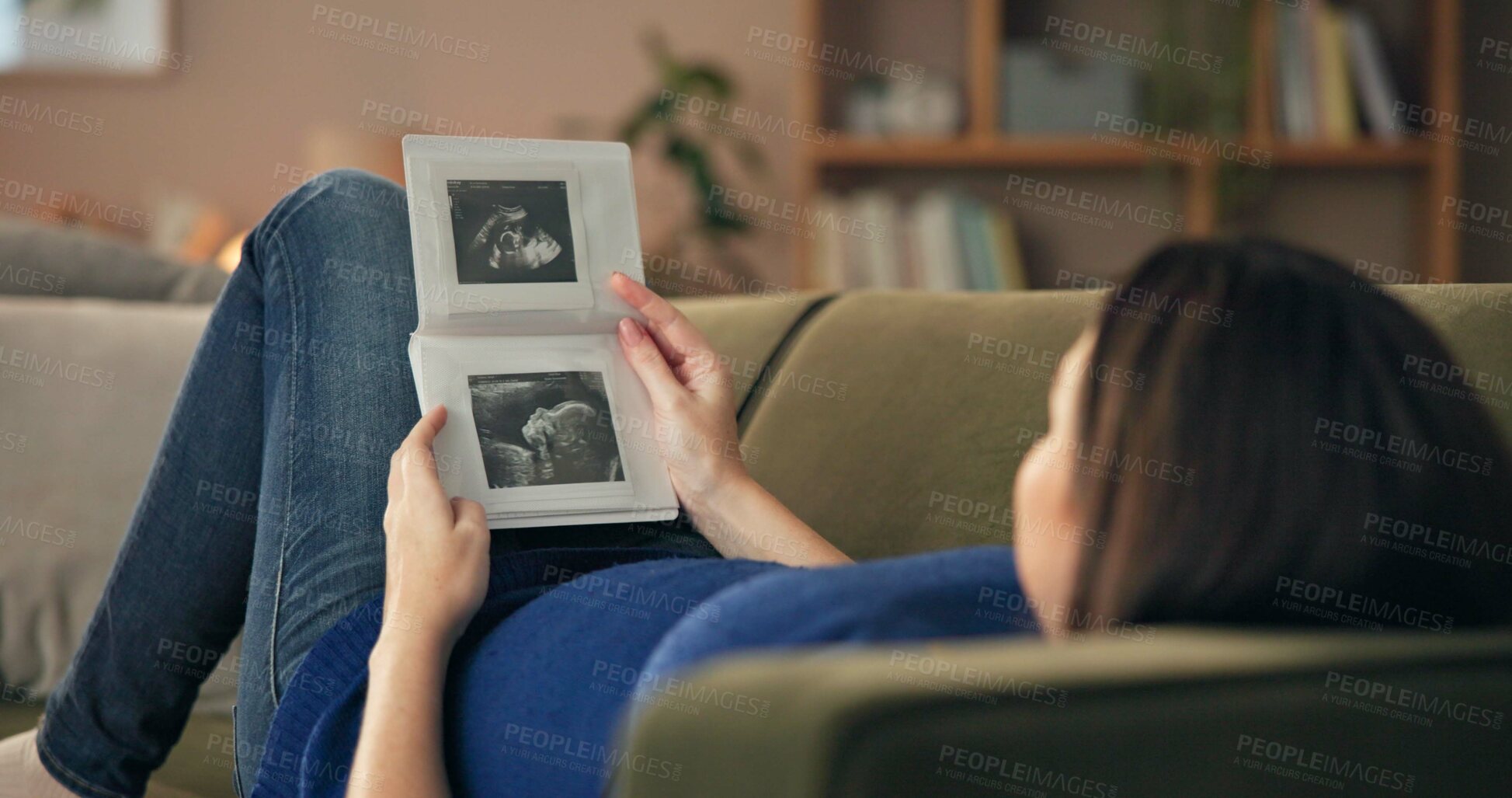 Buy stock photo Woman, pregnant and relax on sofa with ultrasound, thinking and prenatal care in home. Future mom, baby picture and resting in living room for maternity love, IVF fertility or preparation with growth