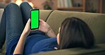 Home, green screen and pregnant woman on sofa, relax and social media with connection. Person, apartment or girl on couch, cellphone or mobile user with pregnancy blog, wellness or message to contact