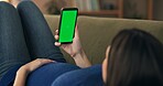 House, green screen or pregnant woman on sofa, stomach or social media with connection. Person, prenatal or girl on couch, cellphone or mobile user with pregnancy blog, wellness or message to contact