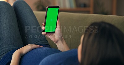 Buy stock photo House, green screen or pregnant woman on sofa, stomach or social media with connection. Person, prenatal or girl on couch, cellphone or mobile user with pregnancy blog, wellness or message to contact